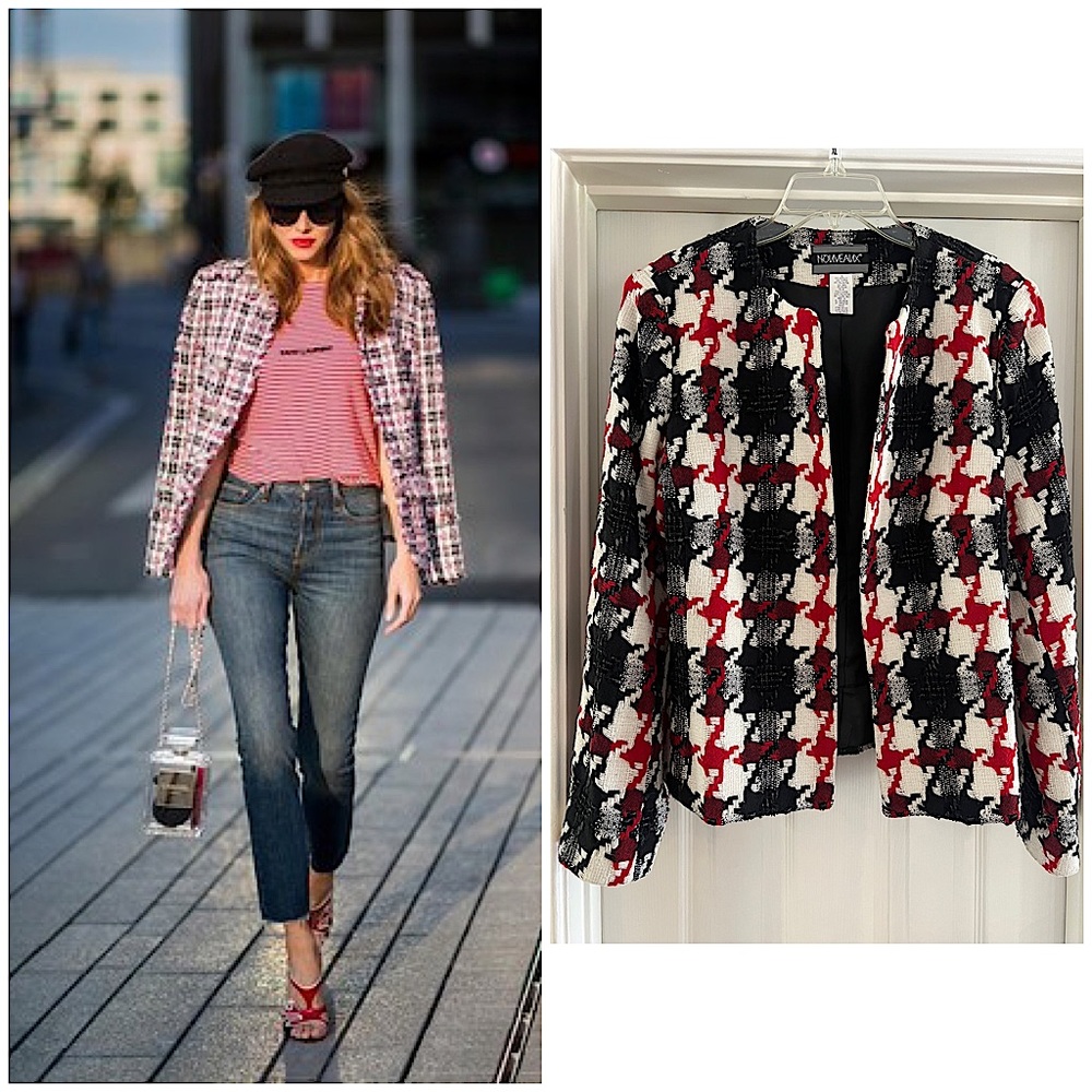 KAREN KANE Red, Black & White Houndstooth Open Blazer